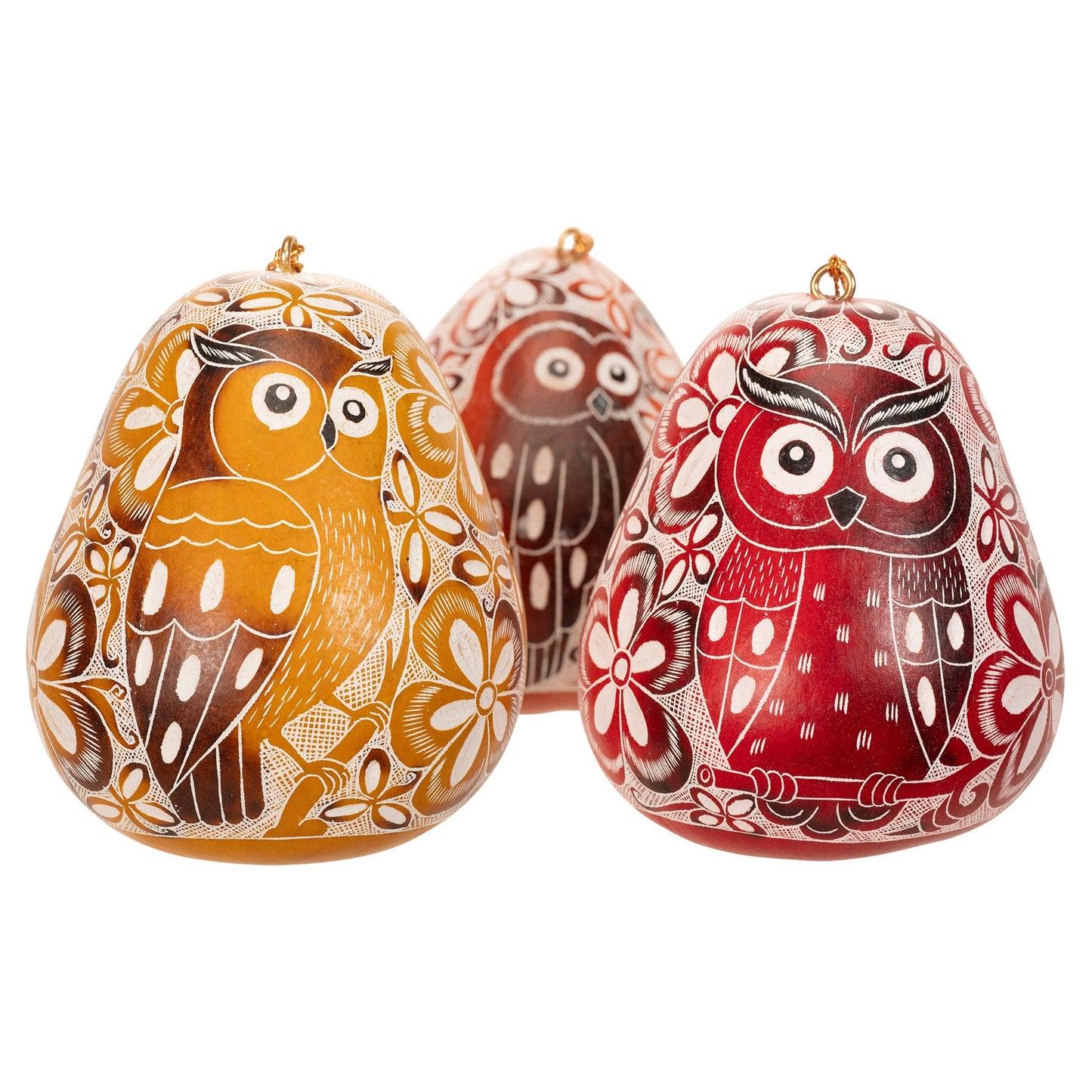 Gourd Ornament | Owl Trio Laced Bird