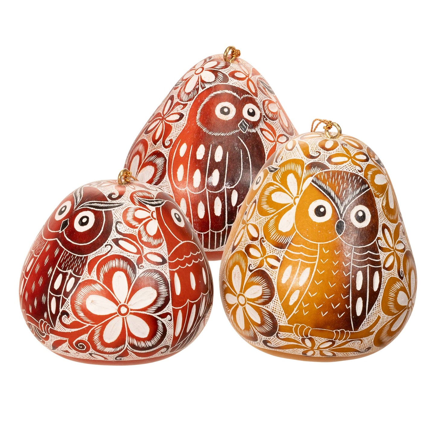 Gourd Ornament | Owl Trio Laced Bird